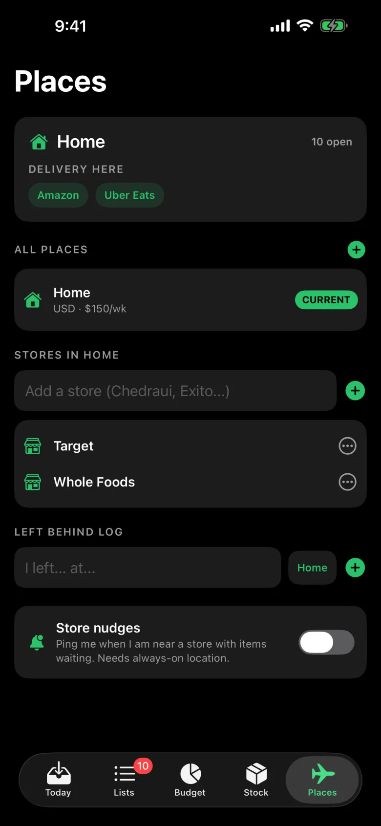 Places tab: a Home place with delivery apps, its stores, a left behind log, and store nudges